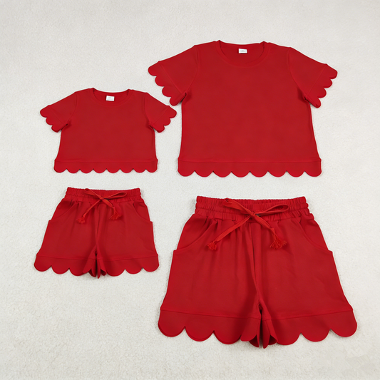 RTS Sibling Baby Girls Adult Women Short Sleeves Red Cotton Shirts Shorts Scallop Sets Summer Clothes