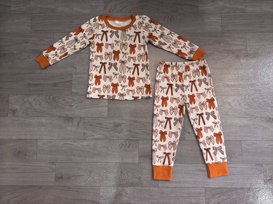 No moq  Preorder Baby Girls Kids Long Sleeves Brown Bows Shirt Pants Set Pajamas Clothes