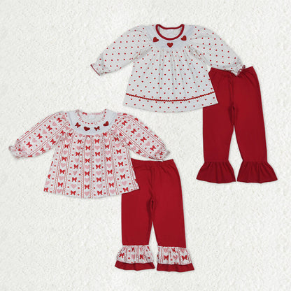 Sibling Baby Girls Long Sleeves Embroidery Bows Hearts Tunic Ruffle Red Pants Valentines Clothes Sets