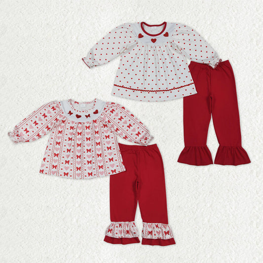 Sibling Baby Girls Long Sleeves Embroidery Bows Hearts Tunic Ruffle Red Pants Valentines Clothes Sets