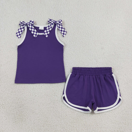 Baby Girls Kids Sleeveless Purple Checked Bows Shirt Shorts Set Summer Clothes