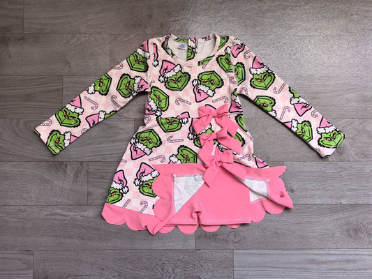 No moq Preorder Baby Girls Kids Long Sleeves Christmas Green Face Bows Scallop Dress Yoga Active Clothes