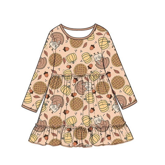 Moq 5 Preorder Baby Girls Kids Long Sleeves Pumpkins turkey Fall Knee Length  Dress