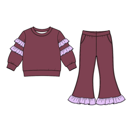 Moq 5 Preorder Baby Girls Kids Ruffle Long Sleeves Shirt Pockets Pants Cotton Set Clothes
