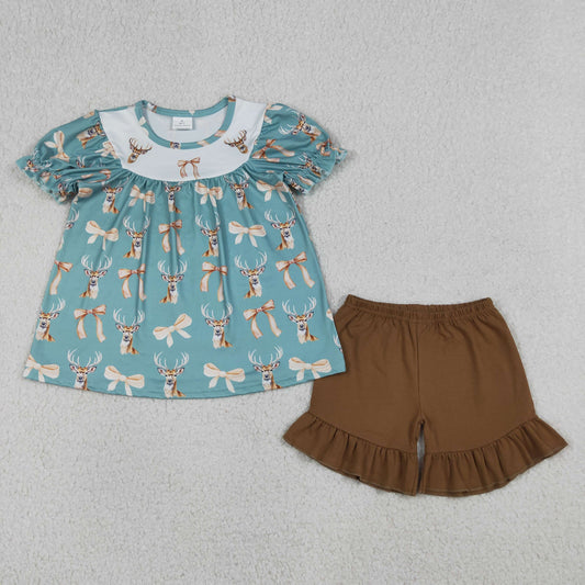 RTS Baby Girls Kids Short Sleeves Deer Bows Tunic Brown Ruffle Shorts Hunting Set