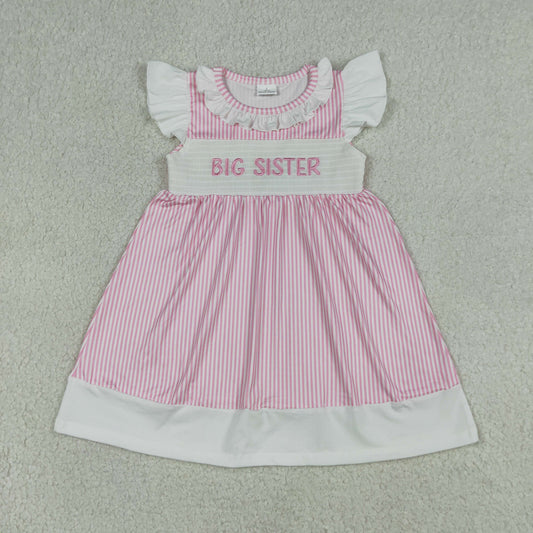 Baby Girls Short Sleeves Embroidery Smocked Big Sister Pink Stripes Knee Length Dress