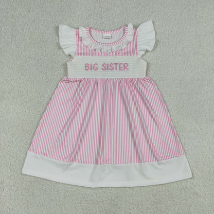 Sibling Baby Girls Kids Short Sleeves Embroidery Sister Pink Stripes Bubble Romper Dress Clothes