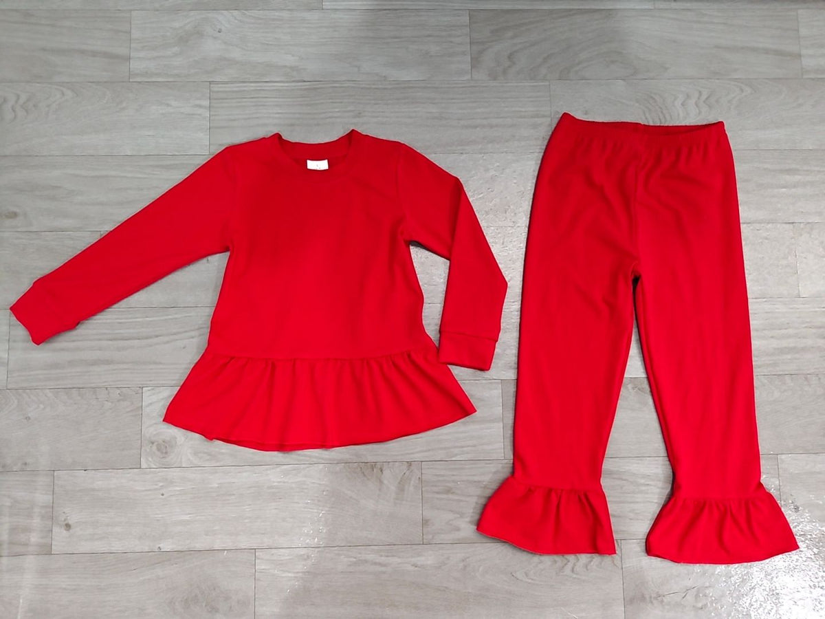 No moq Preorder Baby Girls Kids Long Sleeves Ruffle Tops Pants Red Set Cotton Clothes