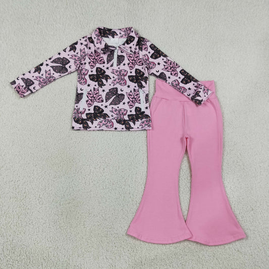 Baby Girls Kids Halloween Bows Zipper Pockets Tops Pink Pants Set Clothes
