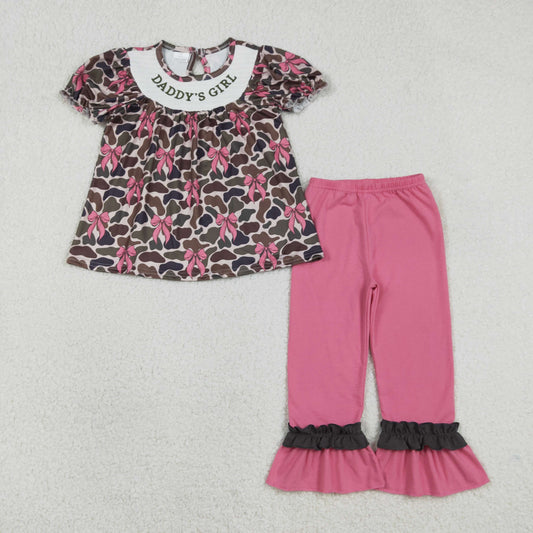 Baby Kids Toddler Embroidery Smocked Daddy's Girl Camo Bows Tunic Pink Pants Set
