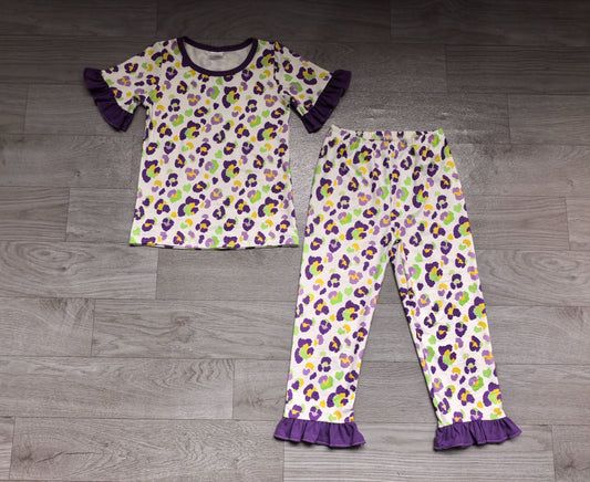 No moq Preorder Baby Girls Kids Leopard Mardi Gras Shirt Pants Pajamas Set Clothes