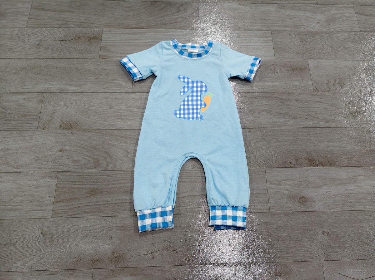 No moq Preorder Baby Girls Infant Embroidery Rabbit Carrot Easter Romper Blue Clothes