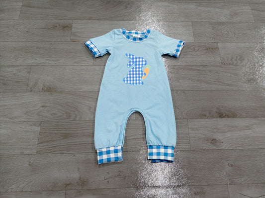 No moq Preorder Baby Girls Infant Embroidery Rabbit Carrot Easter Romper Blue Clothes