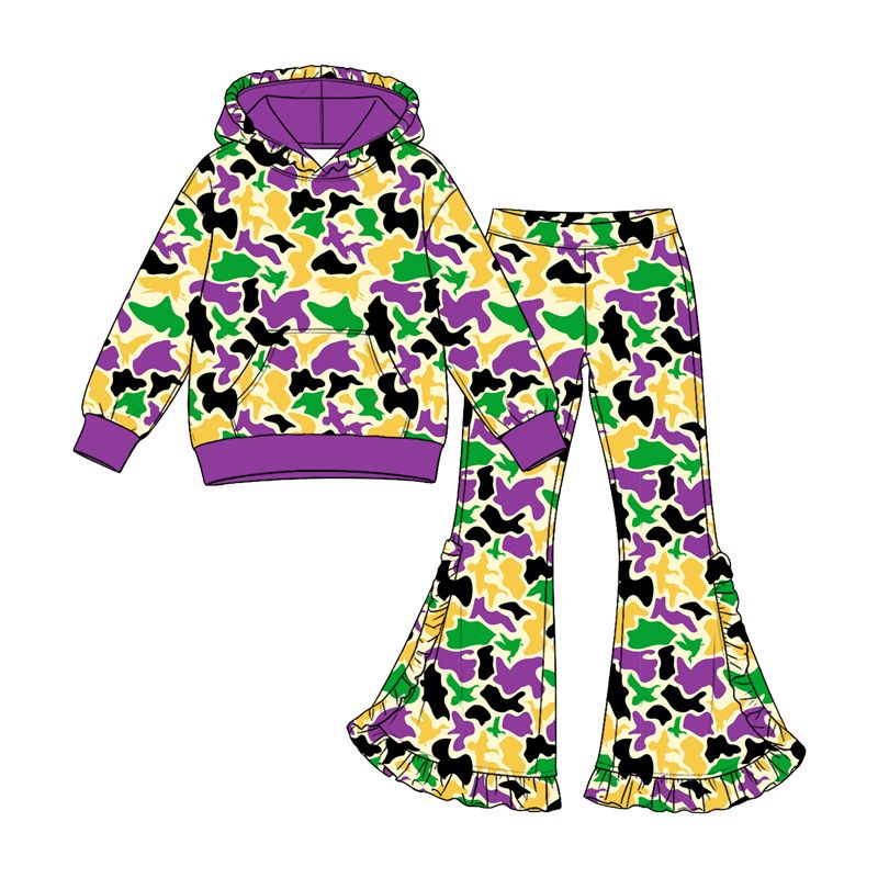 Moq 5 Preorder Baby Girls Kids Ducks Camo Hoodie Pocket Pullover Pants Set Mardi Gras Clothes