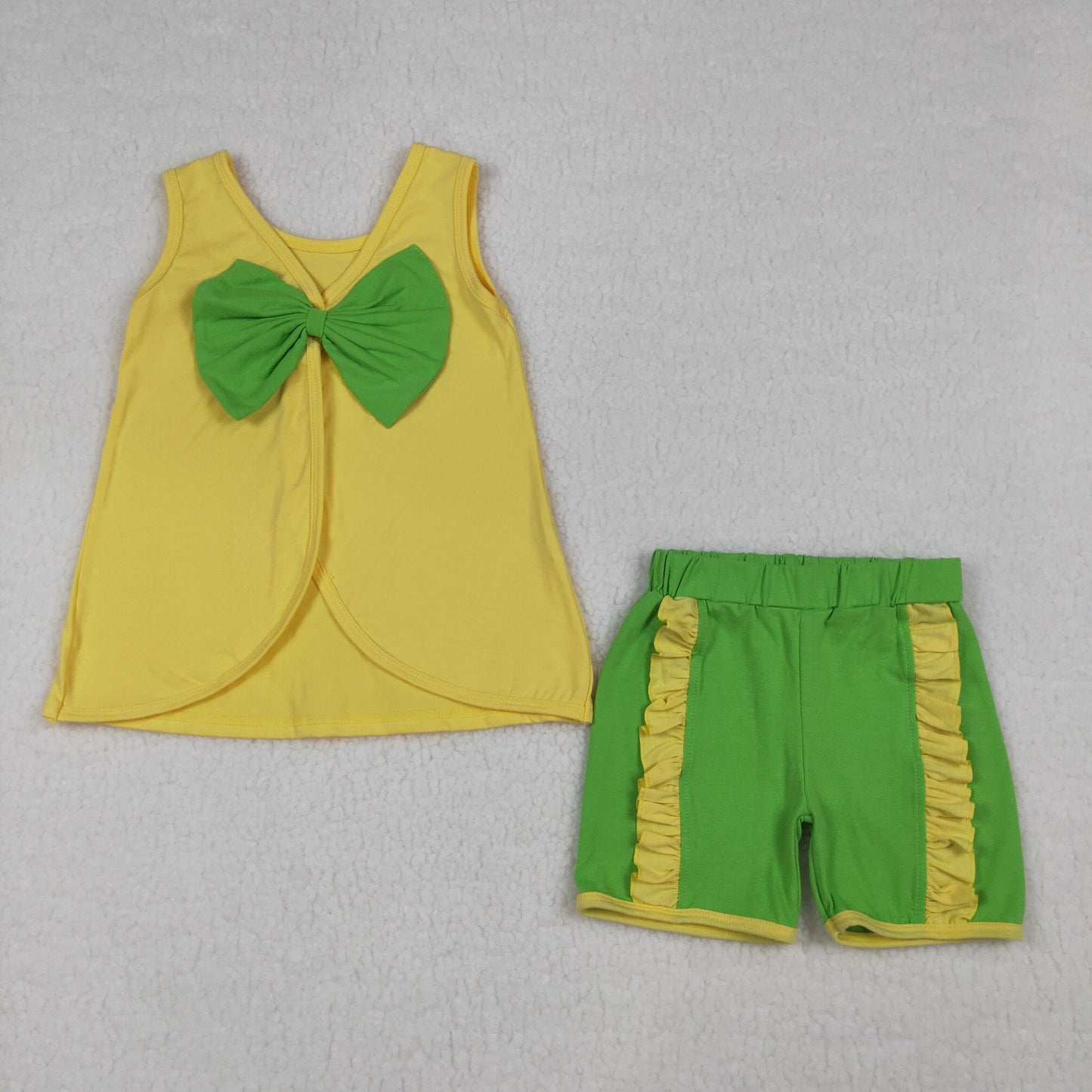 (Baby Girls Yellow Sleeveless Green Bows Tops Ruffle Shorts Set Clothes
