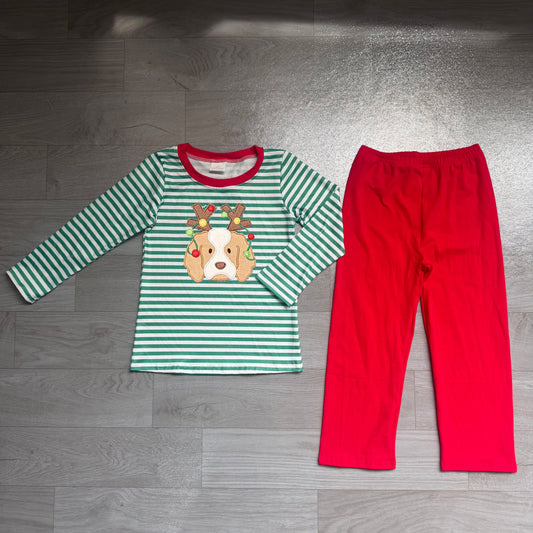 No moq Preorder Baby Boys Kids Embroidery Dog Stripes Shirt Red Pants Set Christmas Clothes