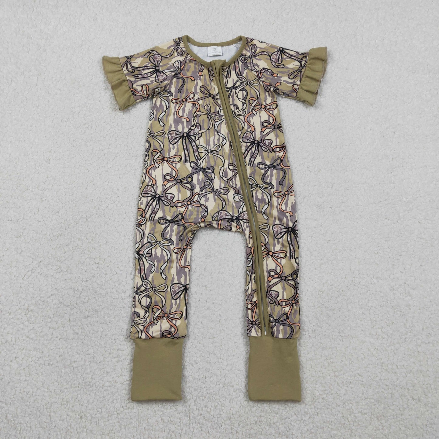 RTS Baby Girls Kids Short Sleeves Camo Bows Zipper Sleeper Footie Romper