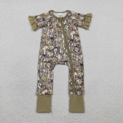 RTS Baby Girls Kids Short Sleeves Camo Bows Zipper Sleeper Footie Romper
