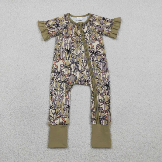 RTS Baby Girls Kids Short Sleeves Camo Bows Zipper Sleeper Footie Romper