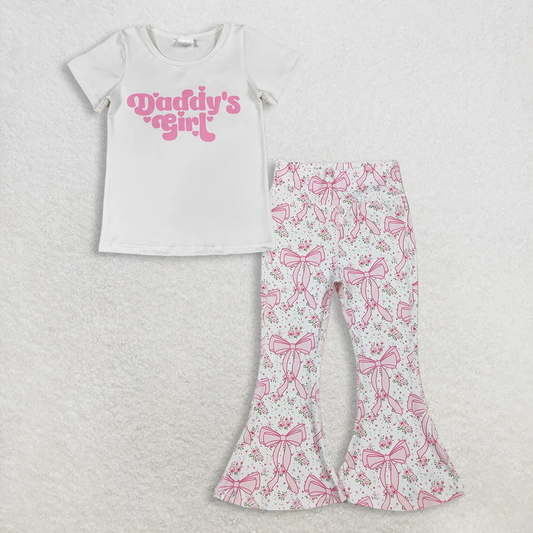 RTS Baby Girl Kids Short Sleeves Daddy's Shirt Flower Bows Pants Set Clothes