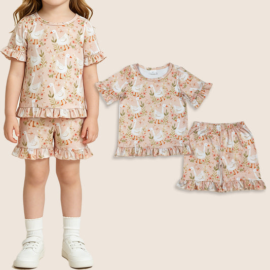Baby Girls Kids Short Sleeves Goose Flower Shirt Shorts Summer Clothes Set