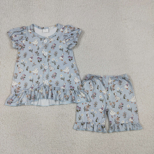 Baby Girls Kids Short Sleeves Flower Goose Tops Ruffle Shorts Set Clothes