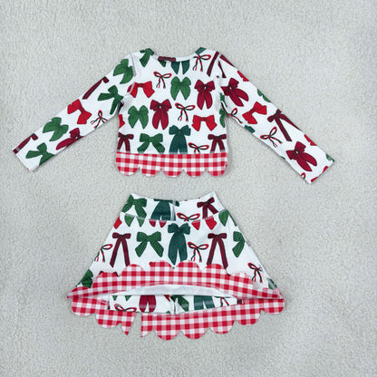 Baby Girls Kids Long Sleeves Christmas Bows Shirt Scallop Skirt Shorts Yoga Active Set Clothes