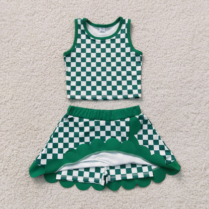 Baby Girls Kids Green Checked Tops Scallop Skirt Shorts Yoga Active Set Clothes