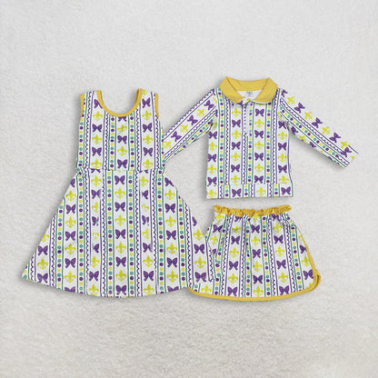 Sibling Baby Girls Kids Mardi Gras Anchors Bows Skort Yoga Active Dress Zipper Set