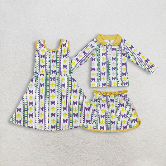 Sibling Baby Girls Kids Mardi Gras Anchors Bows Skort Yoga Active Dress Zipper Set