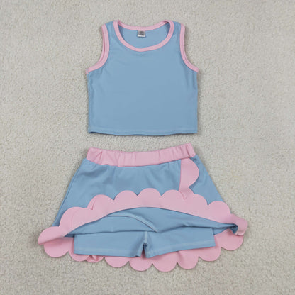 Baby Girls Kids Blue Tops Scallop Skirt Shorts Yoga Active Set Summer Clothes