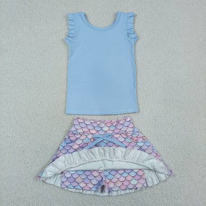 Baby Girls Kids Blue Tops Pockets Scallop Skirt Shorts Yoga Clothes Summer Set
