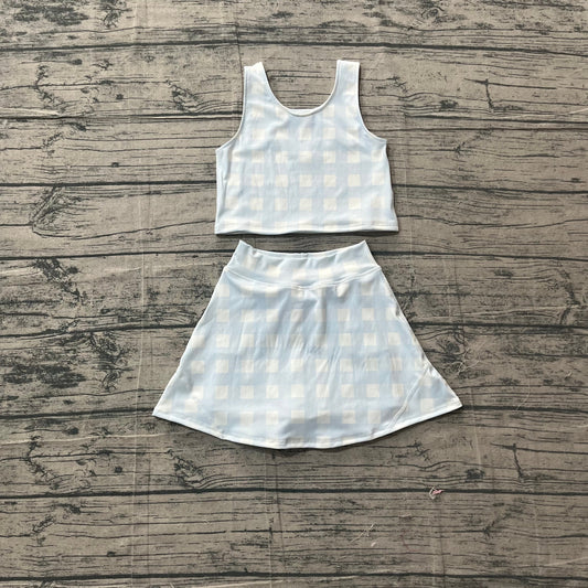 Baby Girls Kids Sleeveless Blue Plaid Tops Skirt Shorts Yoga Summer Set