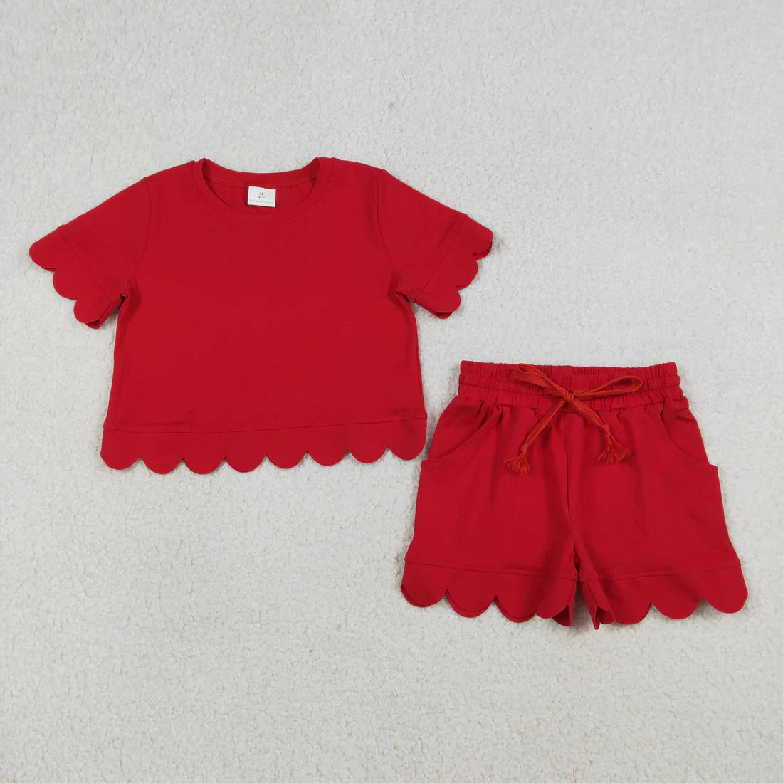 RTS Sibling Baby Girls Adult Women Short Sleeves Red Cotton Shirts Shorts Scallop Sets Summer Clothes
