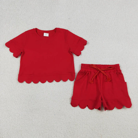 RTS Sibling Baby Girls Adult Women Short Sleeves Red Cotton Shirts Shorts Scallop Sets Summer Clothes