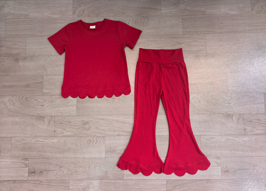 No moq Preorder Baby Girls Kids Short Sleeves Red Shirt Pants Scallop Set Clothes