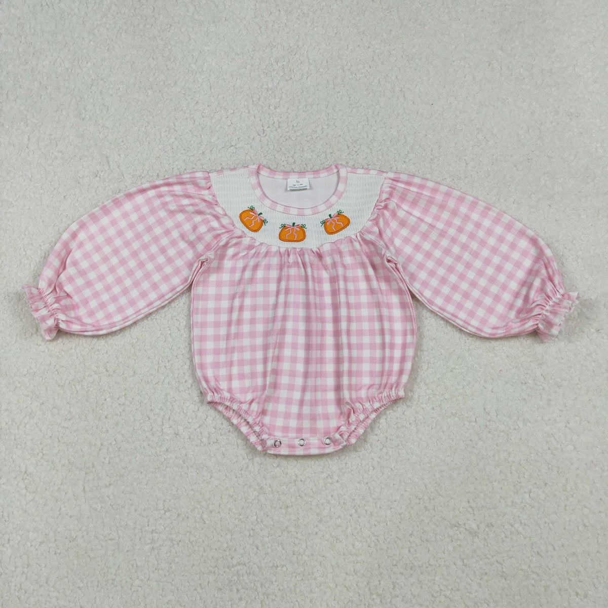 Baby Girl Long Sleeves Embroidery Pumpkin Bows Pink Checked Smocked Romper