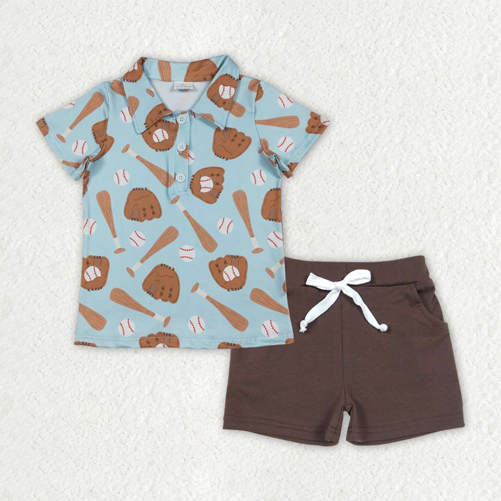 Baby Boys Kids Short Sleeves Baseball Buttons Shirt Brown Pockets Shorts Clothes Set