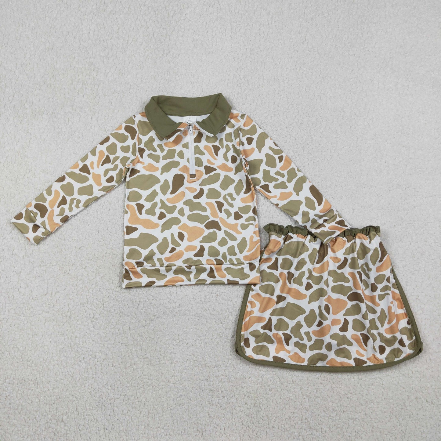 RTS Baby Girls Long Sleeves Orange Green Camo Zipper Pullover Skirt Shorts Set