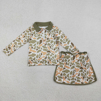 RTS Baby Girls Long Sleeves Orange Green Camo Zipper Pullover Skirt Shorts Set