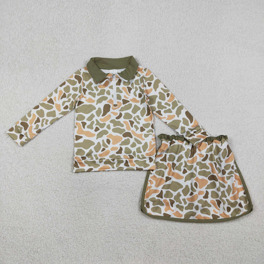 RTS Baby Girls Long Sleeves Orange Green Camo Zipper Pullover Skirt Shorts Set