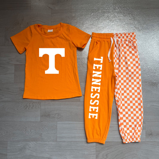 No moq Preorder Baby Boys Kids Short Sleeves Orange Vinyl Shirt Checked Pockets Pants Team Set Clothes