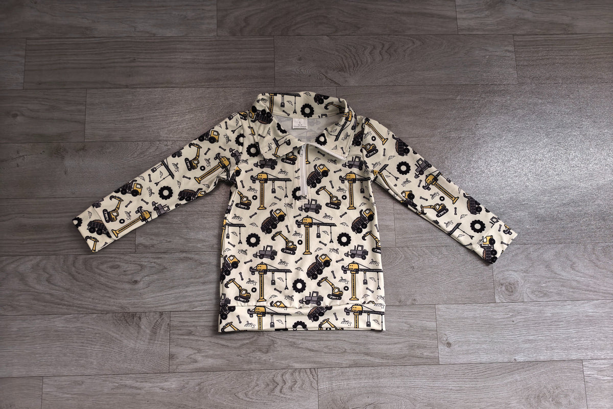 No moq Preorder Baby Boys Kids Long Sleeves Construction Trucks Zipper Pullover Shirt