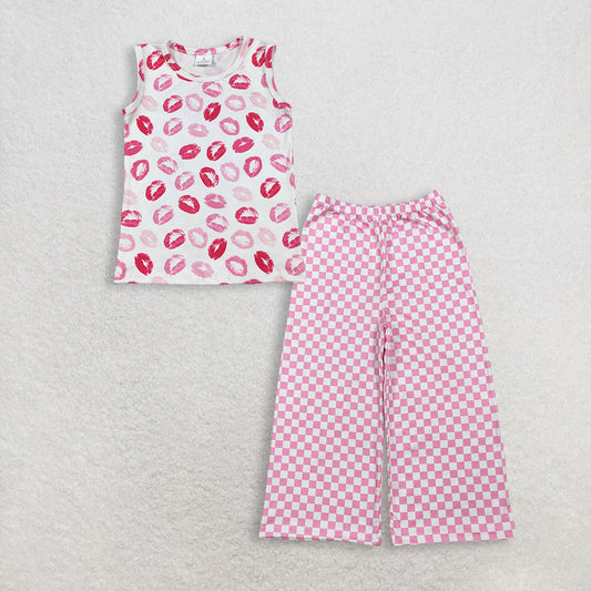 RTS Baby Girls Kids Sleeveless Mouths Shirt Pink Plaid Pants Clothes Set