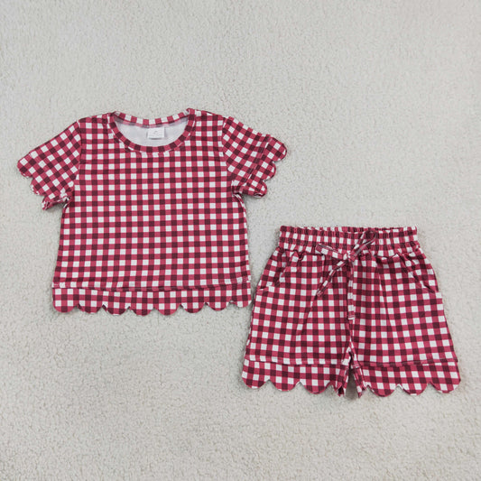 Baby Girls Kids Short Sleeves Red Plaid Shirt Scallop Shorts Set Clothes