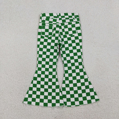 RTS Girls Girls Kids Green Checkered Denim Bell Pants Jeans Bottoms
