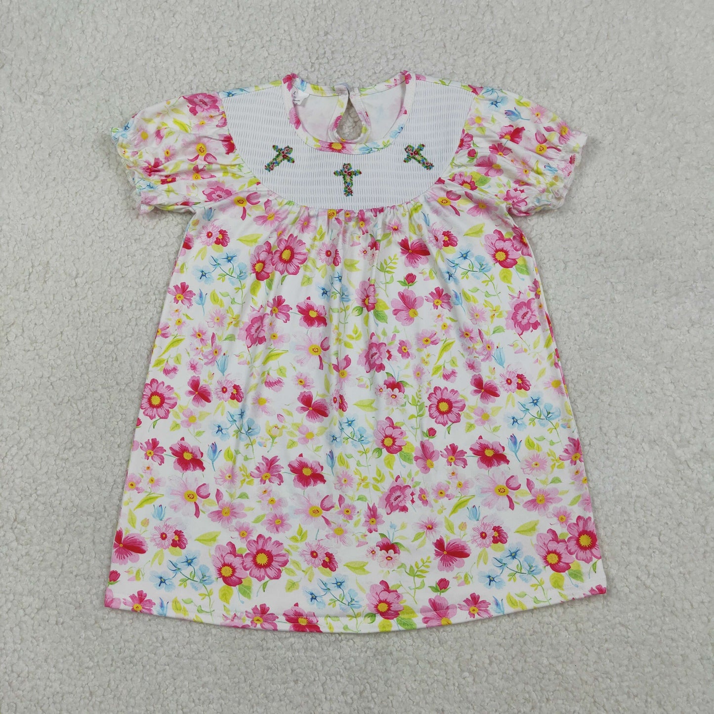 RTS Baby Girls Short Sleeves Embroidery Crosses Pink Flower Easter Smocked Dress
