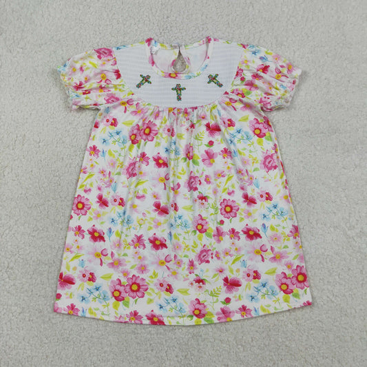 RTS Baby Girls Short Sleeves Embroidery Crosses Pink Flower Easter Smocked Dress