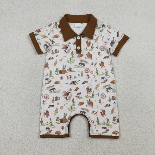 RTS Baby Boys Kids Short Sleeves Western Rodeo Cactus Buttons Brown Romper