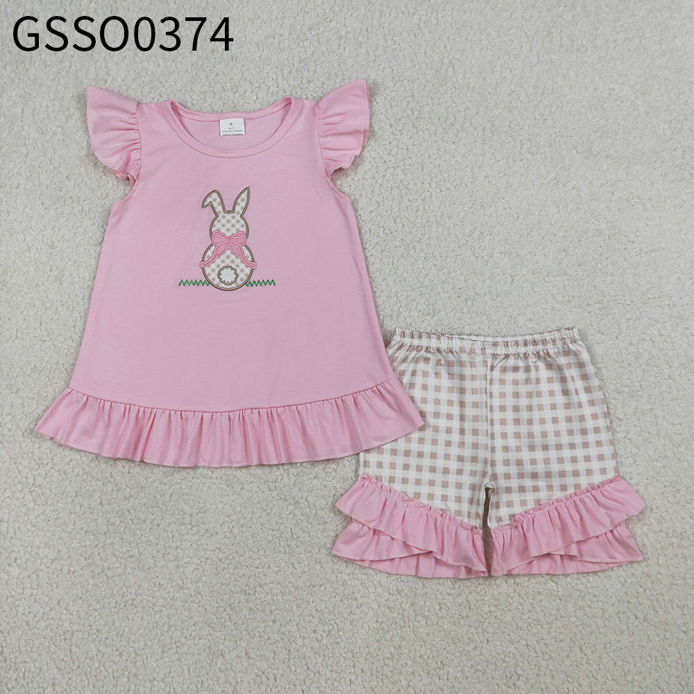 RTS Sibling Baby Boys Girls Short Sleeves Embroidery Rabbit Tops Plaid Shorts Easter Sets